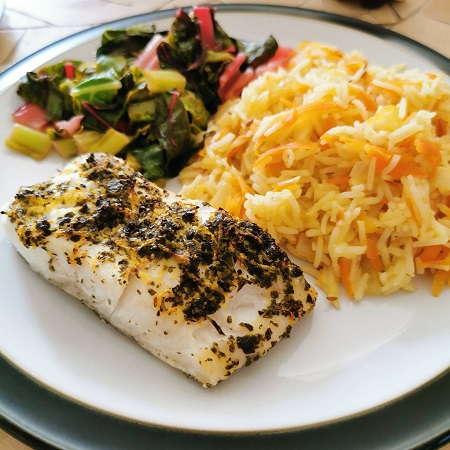 BBC Good Food coriander cod with carrot pilaf