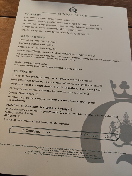 The Queens, Chew Magna - Sunday Lunch Menu