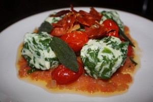 Recipe: Spinach and ricotta gnudi with a tomato, sage and butter sauce, crispy prosciutto and sage, and roasted cherry tomatoes